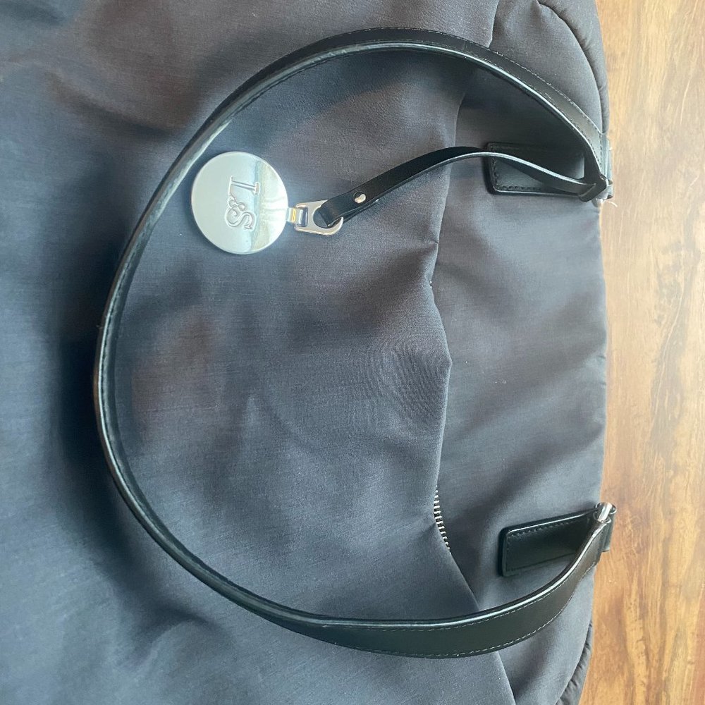 Lo & Sons OG Bag, Dark Grey exterior, silver hardware, blue interior